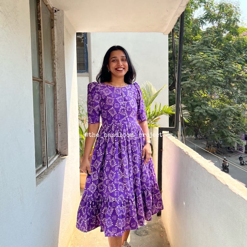 Purple 1 tier buttoned cotton dress