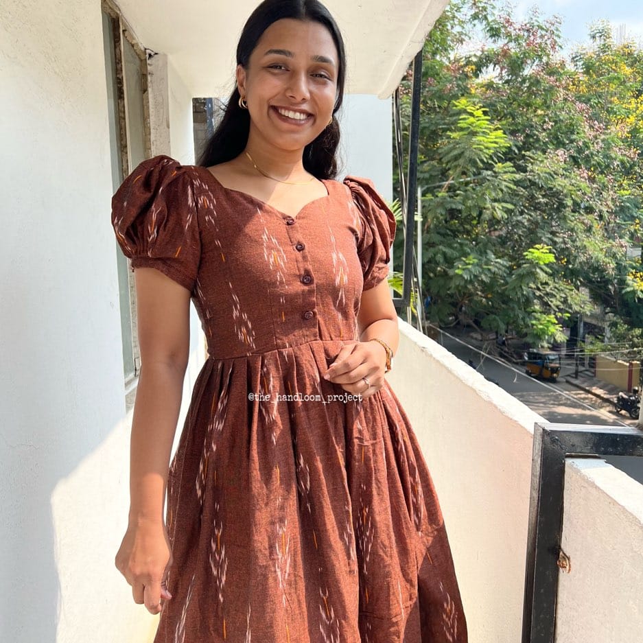 Brown ikkat buttoned dress
