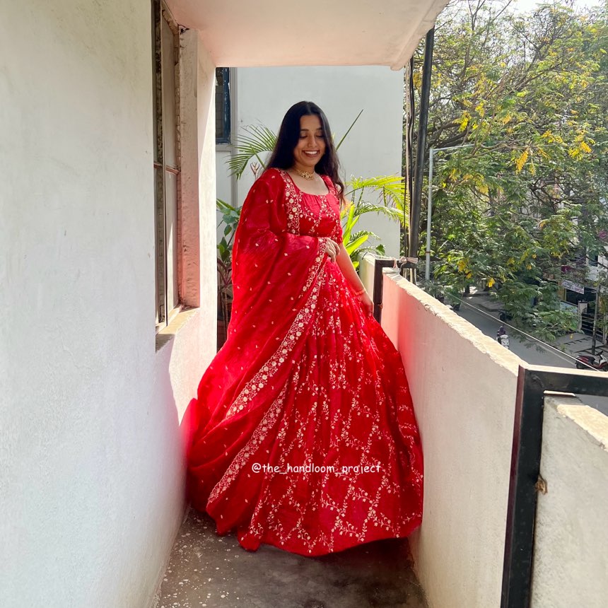 Red gold crush half saree flare