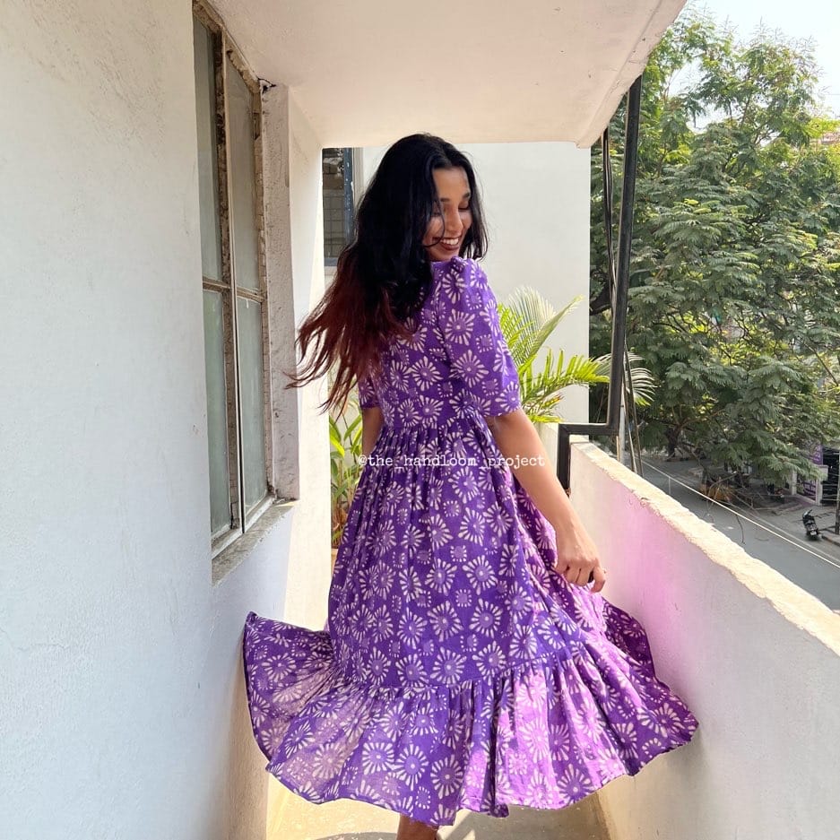 Purple 1 tier buttoned cotton dress