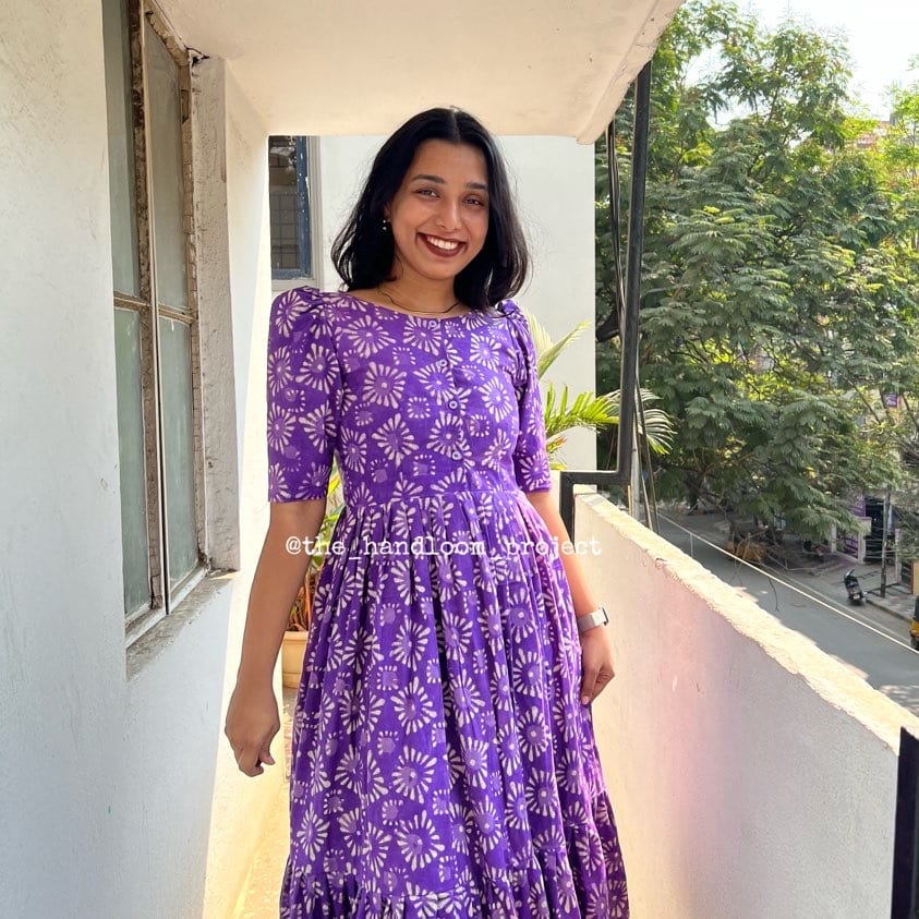 Purple 1 tier buttoned cotton dress