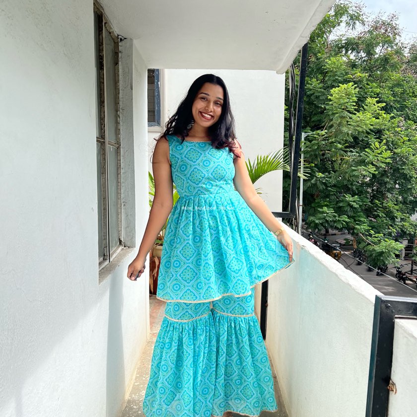 Blue Georgette Kurti And Gharara With Dupatta