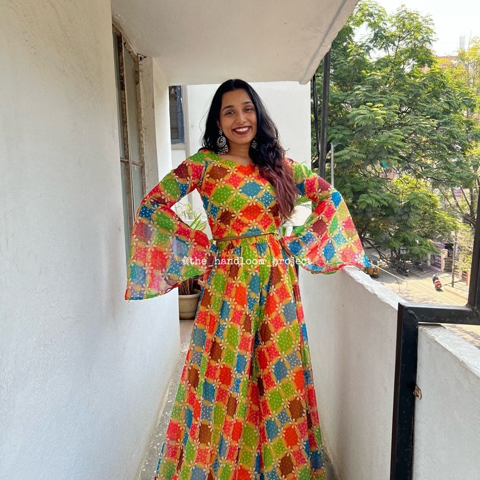 Multicoloured georgette blouse and palazzo