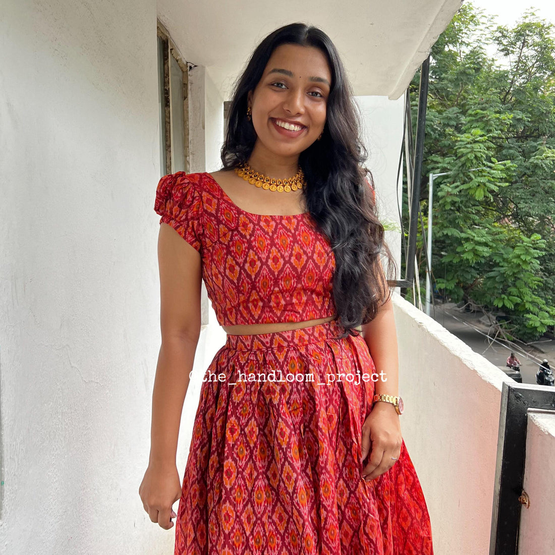 Red pure silk ikkat lehenga and blouse with duppatta