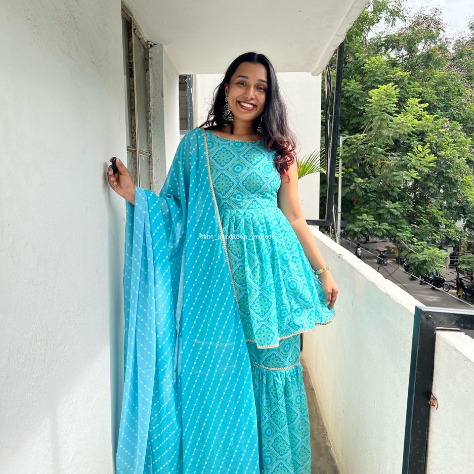Blue Georgette Kurti And Gharara With Dupatta