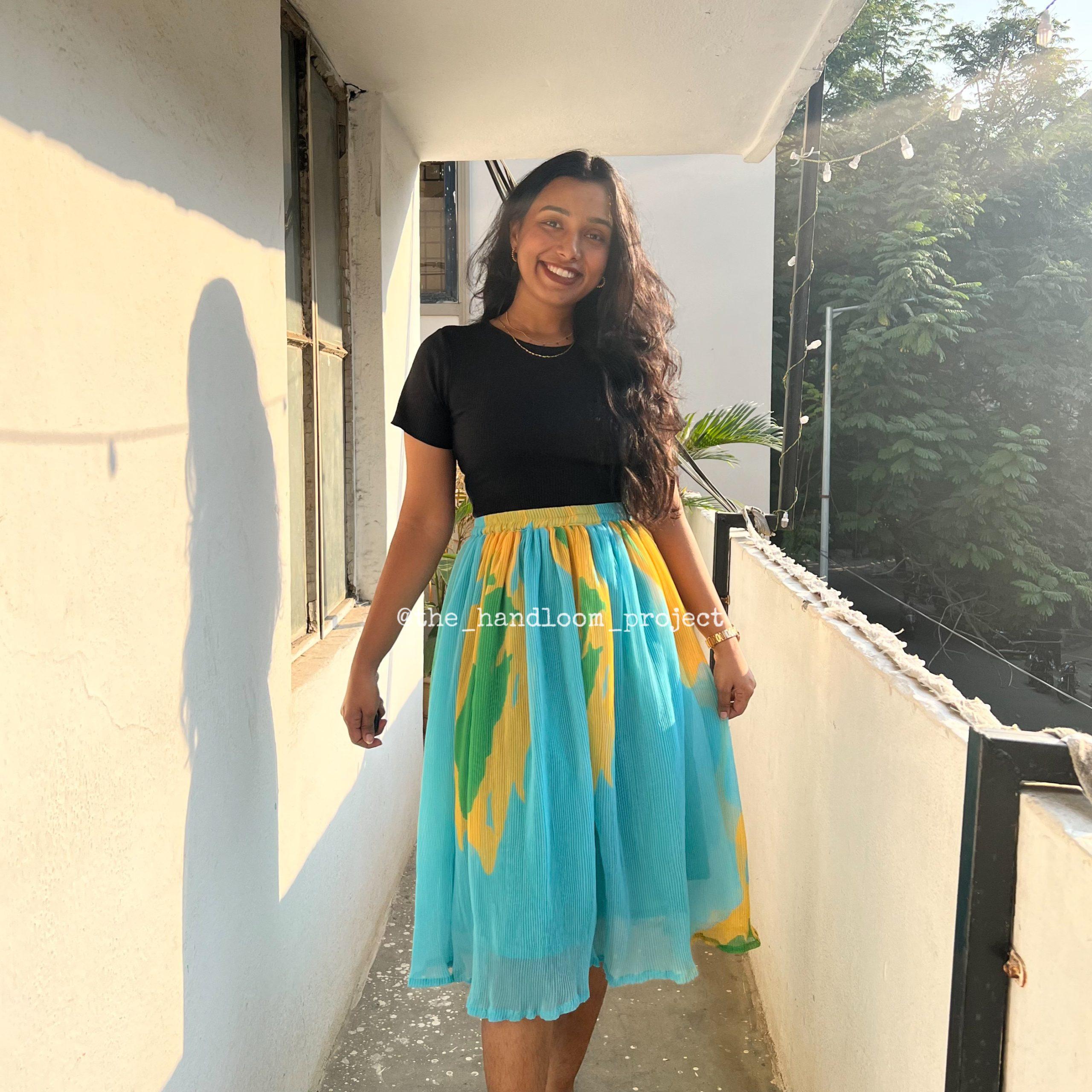 Blue Pleated Georgette Skirt