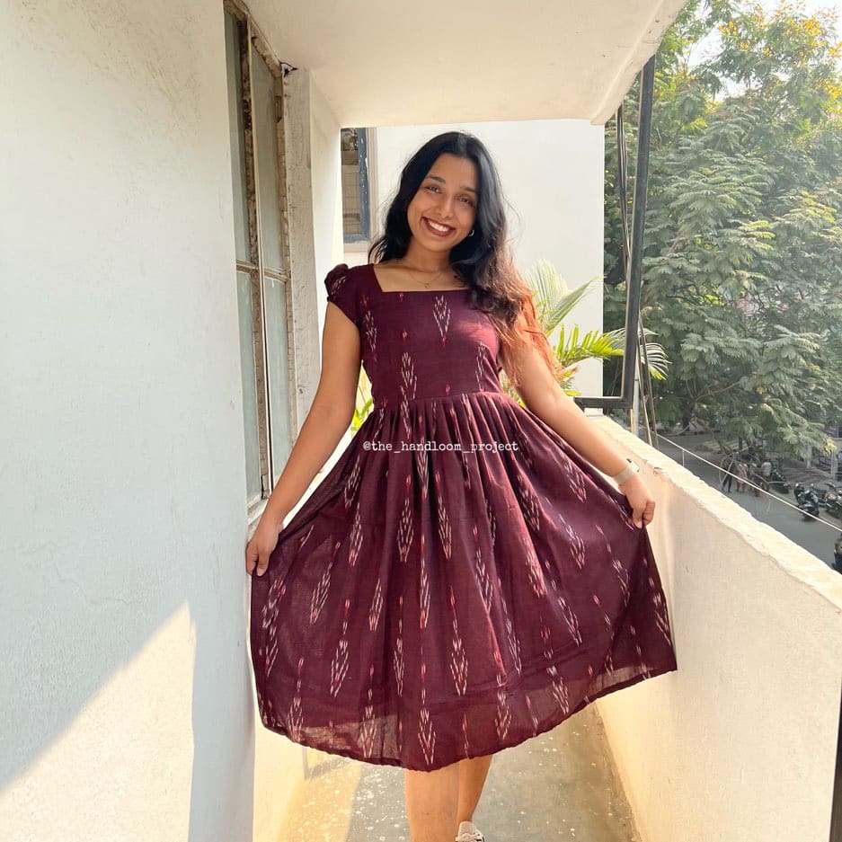 Maroon ikkat cotton dress