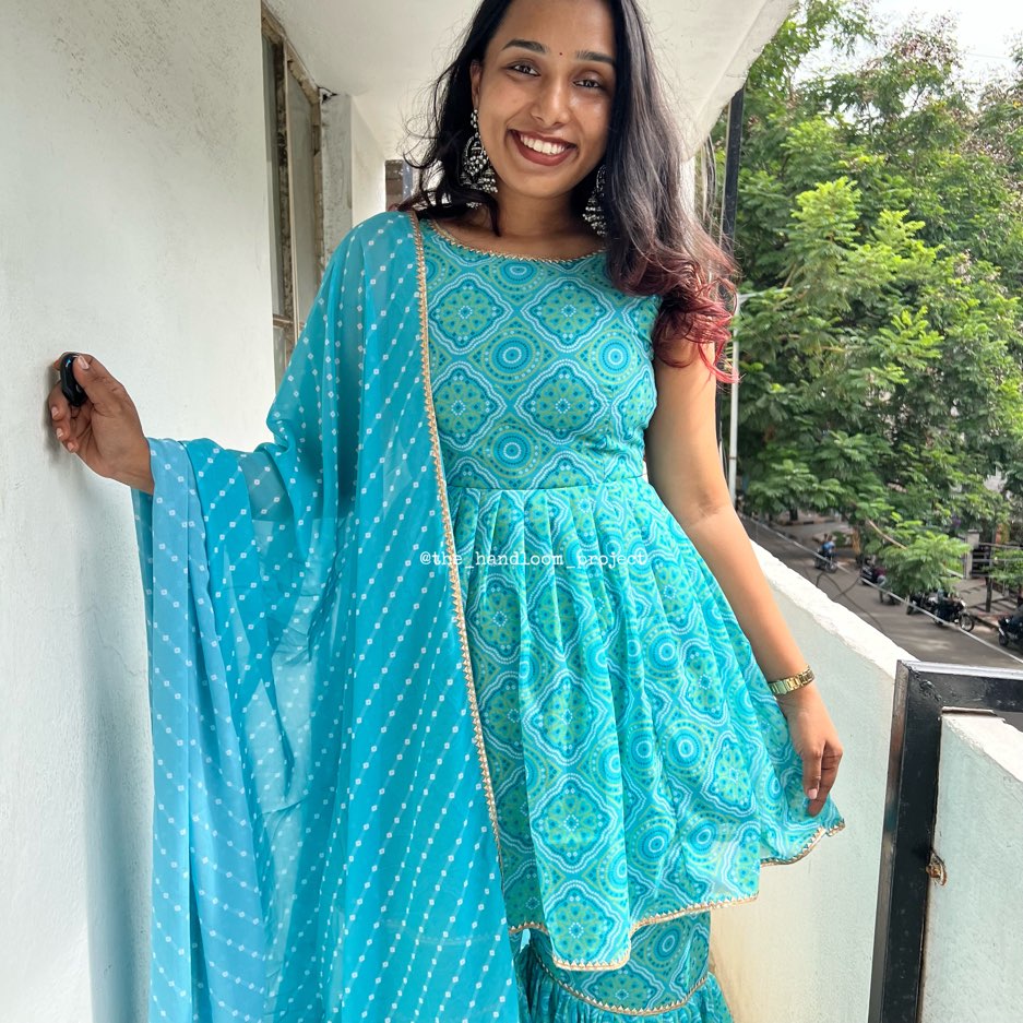 Blue Georgette Kurti And Gharara With Dupatta
