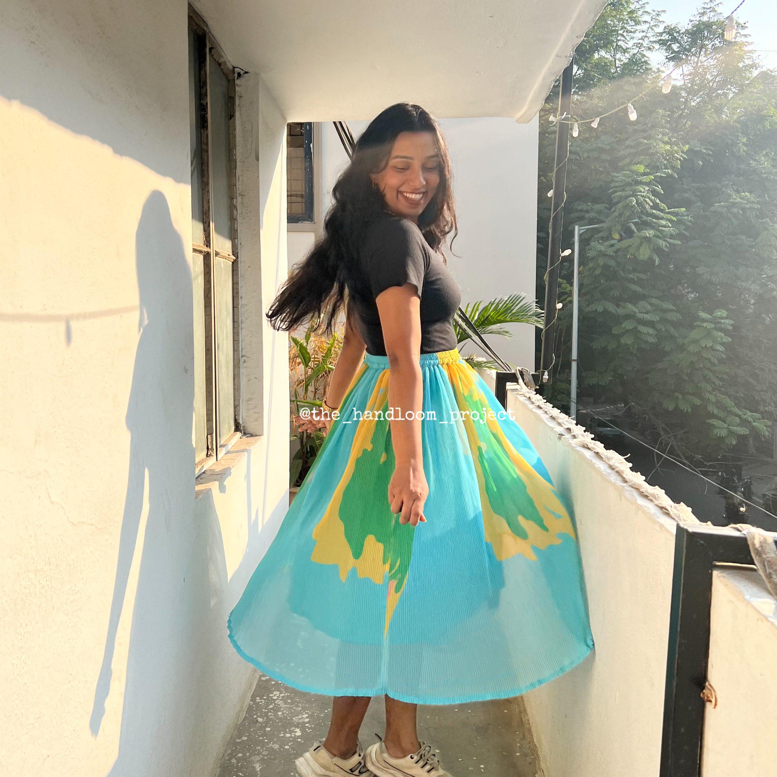 Blue Pleated Georgette Skirt