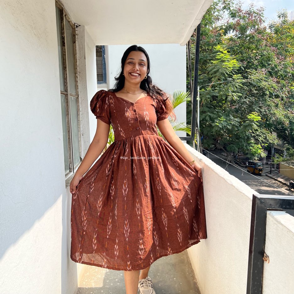 Brown ikkat buttoned dress