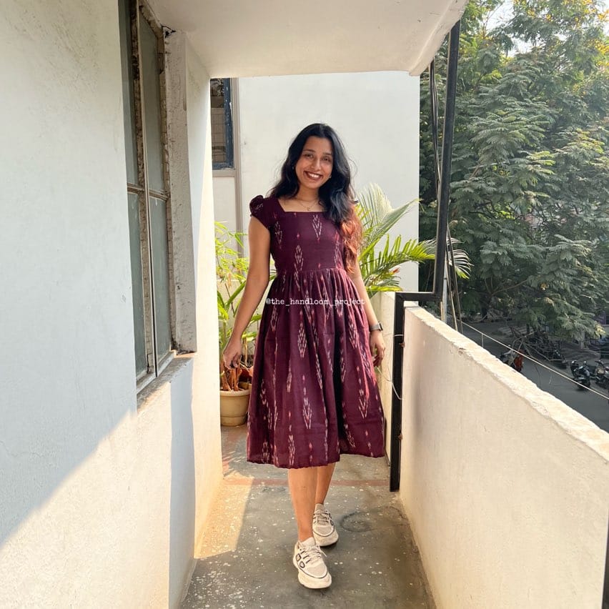 Maroon ikkat cotton dress