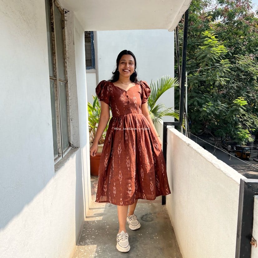 Brown ikkat buttoned dress