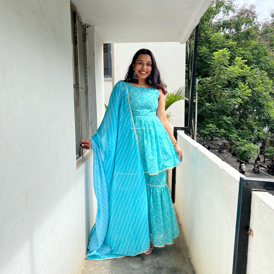 Blue Georgette Kurti And Gharara With Dupatta